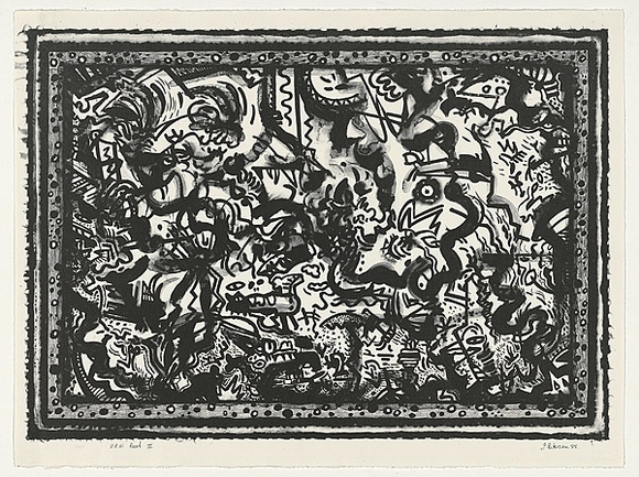 Artist: Paterson, Jim. | Title: not titled [multiple figures and shapes enclosed in frame] | Date: 1985 | Technique: lithograph, printed in black ink, from one stone