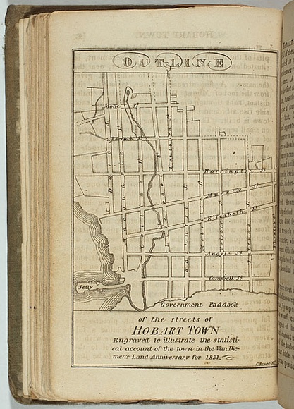 Title: b'Outline of the streets of Hobart Town.' | Date: 1831 | Technique: b'etching, printed in black ink, from one plate'