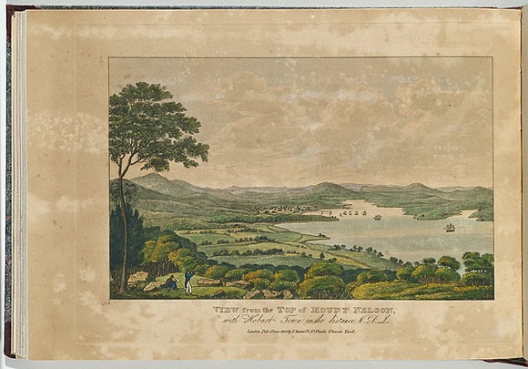 Artist: b'Lycett, Joseph.' | Title: b'View from the top of Mount Nelson with Hobart Town in the distance, V.D.L.' | Date: 1825 | Technique: b'etching and aquatint, printed in black ink, from one copper plate; hand-coloured'