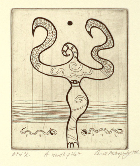 Artist: b'MITROPOULOS, Connie' | Title: b'A worship wait' | Date: 1996, July/August | Technique: b'etching, printed in black ink, from one plate'