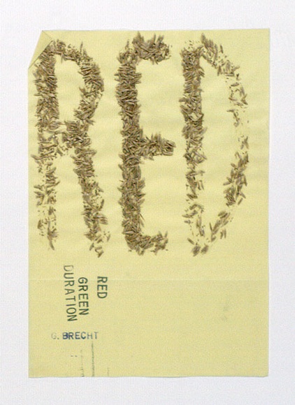 Artist: b'Grounds, Joan.' | Title: b'Red-green duration: from the portfolio Rare birds with sticky wings.' | Date: c.1978 | Technique: b'rubber stamps; collage of bird seed'