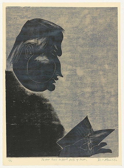 Artist: b'AMOR, Rick' | Title: b'Peter Levi Oxford Professor of Poetry.' | Date: 1990 | Technique: b'woodcut, printed in black and grey ink, from two blocks'