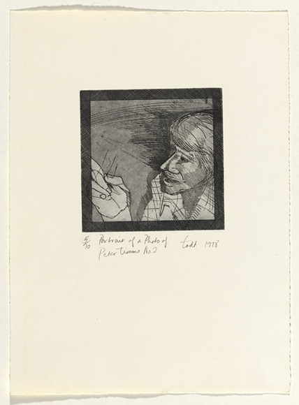 Artist: b'Todd, Geoff.' | Title: b'Portrait of a photo of Peter Timms number 2' | Date: 1978 | Technique: b'etching and aquatint, printed in black ink, from one plate' | Copyright: b'This work appears on screen courtesy of the artist and copyright holder'