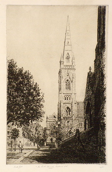 Artist: b'Cobb, Victor.' | Title: bThe Scot's Church, Collins Street, Melbourne. | Date: 1929 | Technique: b'etching and aquatint, printed in warm black ink, from one plate'