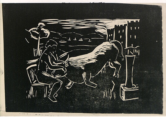Artist: b'ROSENGRAVE, Harry' | Title: b'(Europa and the bull)' | Date: (1954) | Technique: b'linocut, printed in black ink, from one block'