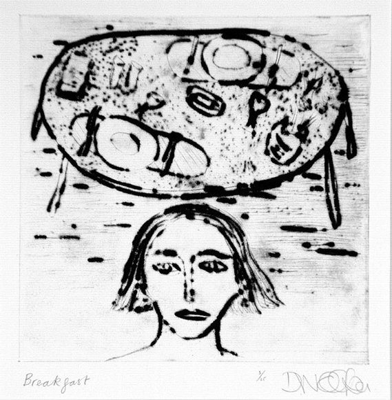 Artist: b'Walker, Deborah.' | Title: b'Breakfast [2].' | Date: 1985 | Technique: b'drypoint, printed in black ink with plate-tone, from one plate' | Copyright: b'\xc2\xa9 Deborah Walker. Licensed by VISCOPY, Australia'