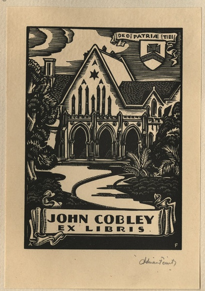 Artist: b'FEINT, Adrian' | Title: b'Bookplate: John Cobley.' | Date: (1935) | Technique: b'wood-engraving, printed in black ink, from one block' | Copyright: b'Courtesy the Estate of Adrian Feint'