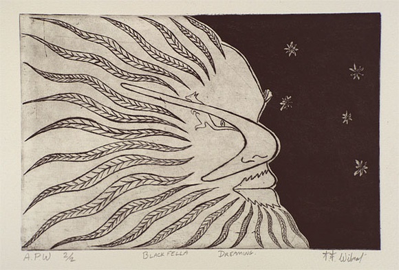 Artist: b'Wilmot, Trina.' | Title: b'Blackfella dreaming' | Date: 2000, June | Technique: b'etching, printed in black ink, from one plate'