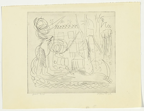 Artist: b'BOYD, Arthur' | Title: b'Ram and dog with house and trees.' | Date: (1968-69) | Technique: b'etching, printed in black ink, from one plate' | Copyright: b'Reproduced with permission of Bundanon Trust'