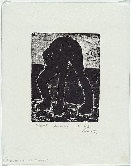 Artist: b'MADDOCK, Bea' | Title: b'Fossicker on the beach' | Date: July 1963 | Technique: b'relief-etching, printed in black ink by hand-burnishing, from one copper plate'