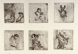 Artist: SHEARER, Mitzi | Title: not titled [six small pictures on one sheet] | Date: 1980 | Technique: etching, printed in black ink with plate-tone, from six  plates
