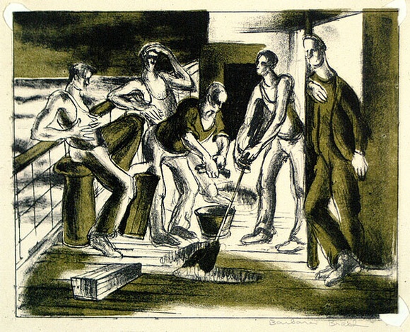 Artist: b'Brash, Barbara.' | Title: b'(Washing the deck).' | Date: 1950s | Technique: b'lithograph, printed in colour, from two plates'
