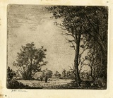 Artist: Farmer, John. | Title: Landscape with figures. | Date: c.1960 | Technique: etching, softground etching, printed in black ink with plate-tone, from one plate