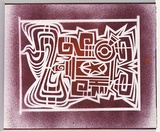 Title: b'Derailed' | Date: 2003 | Technique: b'stencil, printed with maroon and red aerosol paint, from one stencil'