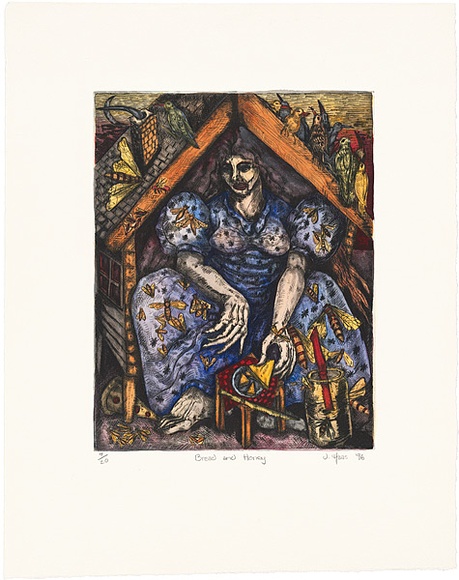 Artist: b'Haas, Juli.' | Title: b'Bread and honey' | Date: 1996 | Technique: b'dry point, printed in black ink, from one plate; hand-coloured'