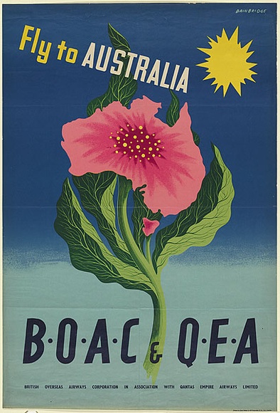 Artist: b'Bainbridge, John.' | Title: b'Fly to Australia: B.O.A.C. and Q.E.A.' | Date: c.1958 | Technique: b'photo-lithograph, printed in colour, from multiple plates'
