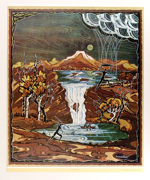 Artist: b'Mansell, Byram.' | Title: b'The waterfall' | Date: (1946) | Technique: b'photographic lithograph, printed in colour, from process plates'