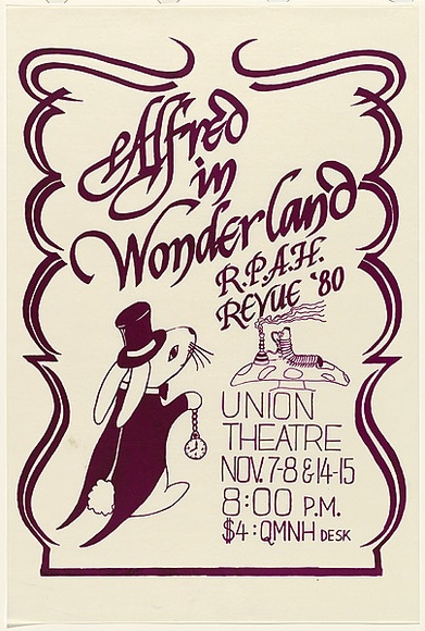 Artist: b'UNKNOWN' | Title: bAlfred in Wonderland. R.P.A.H. Revue '80. Union Theatre. | Date: 1980 | Technique: b'screenprint, printed in purple ink, from one stencil'