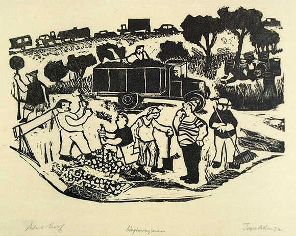 Artist: b'Allen, Joyce.' | Title: b'Highwaymen.' | Date: 1972 | Technique: b'linocut printed in black ink, from one block'