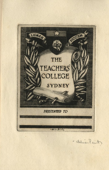 Artist: b'FEINT, Adrian' | Title: bBookplate: The Teachers' College, Sydney presented to. | Date: (1930) | Technique: b'etching, printed in black ink, from one plate' | Copyright: b'Courtesy the Estate of Adrian Feint'