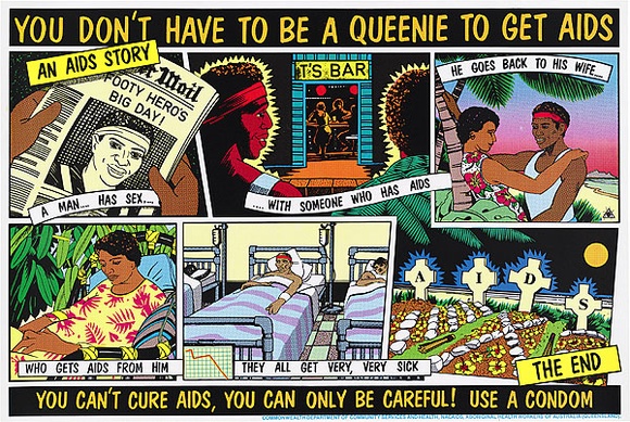 Artist: b'REDBACK GRAPHIX' | Title: bYou don't have to be a queenie to get aids | Date: 1988 | Technique: b'screenprint, printed in colour, from four stencils (three process colour plus black)'