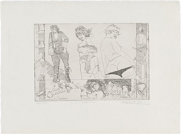 Artist: b'WALKER, Murray' | Title: b'Three performers.' | Date: 1976 | Technique: b'etching, printed in black ink, from one plate'