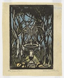 Artist: b'PRESTON, Margaret' | Title: b'The fountain.' | Date: 1932 | Technique: b'woodcut, printed in black ink, from one block; hand-coloured' | Copyright: b'\xc2\xa9 Margaret Preston. Licensed by VISCOPY, Australia'