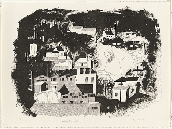 Artist: b'White, Susan Dorothea.' | Title: b'Evening: factory valley, no.2' | Date: 1978 | Technique: b'crayon-lithograph, printed in black ink, from one stone'