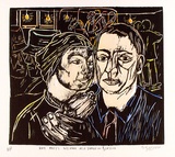 Artist: ZOFREA, Salvatore | Title: Man meets woman at a dance in Borgia. | Date: 1989 | Technique: woodcut, printed in black, from one block; hand-coloured | Copyright: © Salvatore Zofrea, 1989