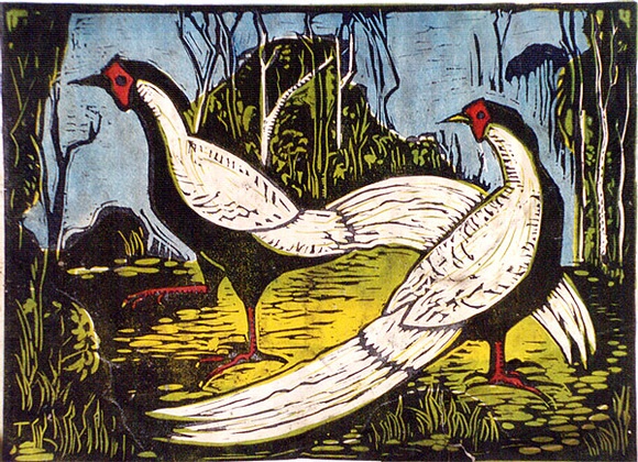 Artist: b'Taylor, John H.' | Title: b'Two pheasants' | Date: 1967 | Technique: b'linocut, printed in colour, from four blocks'