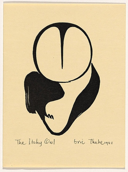 Artist: b'Thake, Eric.' | Title: b'Greeting card: Christmas (The itchy owl)' | Date: 1941 | Technique: b'linocut, printed in black ink, from one block'