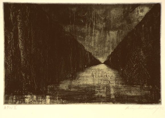 Artist: b'Kennedy, Helen.' | Title: b'not titled [landscape with spotlight reflected in water]' | Date: 1992 | Technique: b'etching and burnished aquatint, printed in blue-black ink, from one plate'