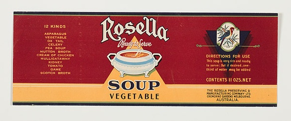 Artist: b'Burdett, Frank.' | Title: b'Label: Rosella, vegetable soup.' | Date: 1932 | Technique: b'lithograph, printed in colour, from multiple stones [or plates]'