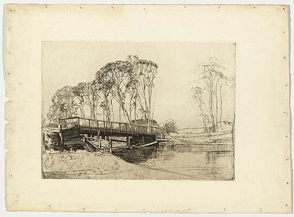 Artist: b'LONG, Sydney' | Title: b'The bridge, Avoca' | Date: 1926 | Technique: b'line-etching and drypoint printed in black ink with plate-tone, from one zinc plate' | Copyright: b'Reproduced with the kind permission of the Ophthalmic Research Institute of Australia'