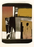 Artist: b'BALDESSIN, George' | Title: b'Assemblage of past images.' | Date: 1973 | Technique: b'etching and aquatint, printed in black ink, from one shaped magnesium plate; over stencil, printed in gradated colour roll, from three stencils.'