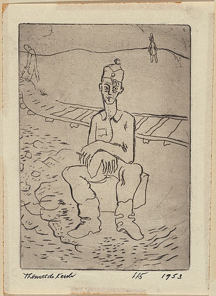 Artist: b'de Kesler, Thomas.' | Title: b'Hungarian soldier resting.' | Date: 1953 | Technique: b'etching, printed in black ink with plate-tone, from one plate' | Copyright: b'\xc2\xa9 Thomas de Kessler'