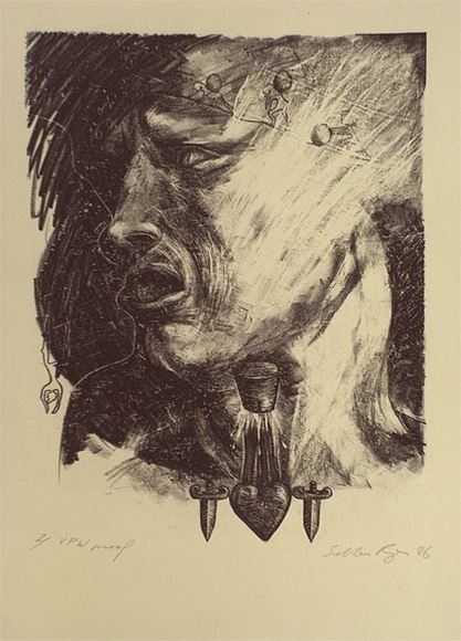 Artist: b'Ryan, Siobhan.' | Title: b'not titled [male profile, heart in between 2 daggers]' | Date: 1986 | Technique: b'lithograph, printed in black ink, from one stone'