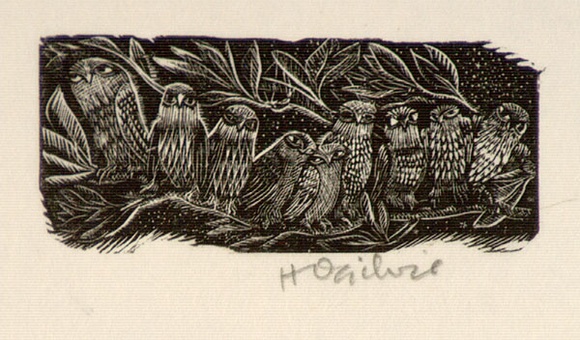 Artist: b'OGILVIE, Helen' | Title: b'(Nine owls resting on a branch)' | Date: (1953) | Technique: b'wood-engraving, printed in black ink, from one block'