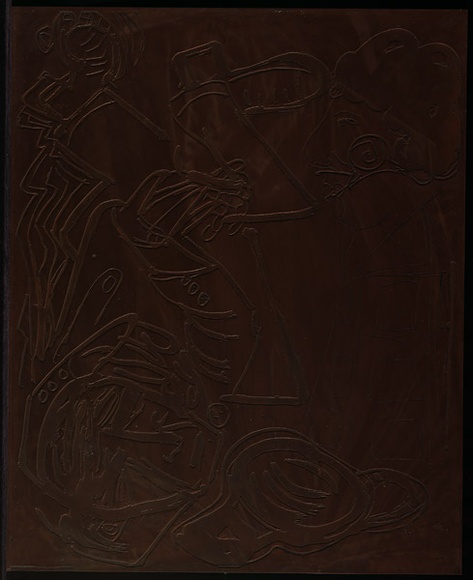 Artist: b'BOYD, Arthur' | Title: b'Plate 104: Potter fallen beside sculptered head.' | Date: (1968-69) | Technique: b'etched plate' | Copyright: b'This work appears on screen courtesy of Bundanon Trust'