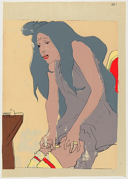 Artist: b'UNKNOWN' | Title: b'not titled  [Student print, Woman shooting up]' | Date: 1978 | Technique: b'screenprint, printed in colour, from multiple stencils'