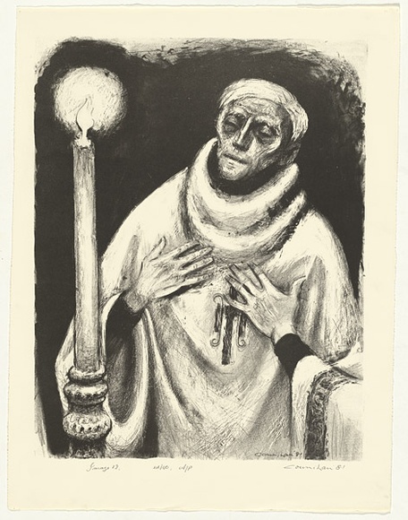 Artist: b'Counihan, Noel.' | Title: b'The relieving priest.' | Date: 1981 | Technique: b'lithograph, printed in black ink, from one stone'