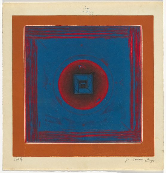 Artist: b'SELLBACH, Udo' | Title: b'(Blue and brown square with circle)' | Date: 1967 | Technique: b'etching, aquatint printed in colour from two  plates'