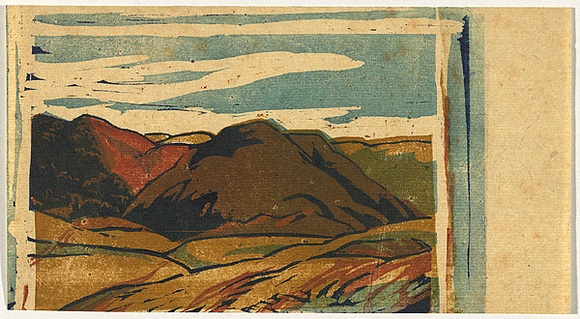 Artist: b'Bell, George..' | Title: b'(Hills).' | Technique: b'linocut, printed in black ink, from one block'