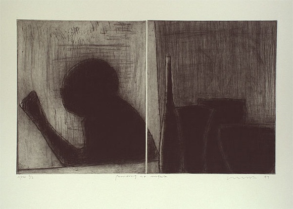 Artist: b'Lincoln, Kevin.' | Title: b'Painting at night' | Date: 1999, November | Technique: b'etching, printed in black ink with plate-tone, from two plates'