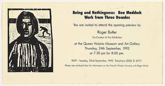Title: b'Exhibition invitation QVMAG: Being and nothingness: Bea Maddock work from three decades' | Date: 1992