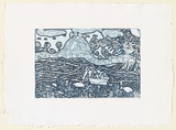 Artist: b'RED HAND PRINT' | Title: b'Fishing scene at Melville Island' | Date: 1999, November | Technique: b'etching, line-etching, sugarlift aquatint and openbite, printed in blue/black ink, from one plate'