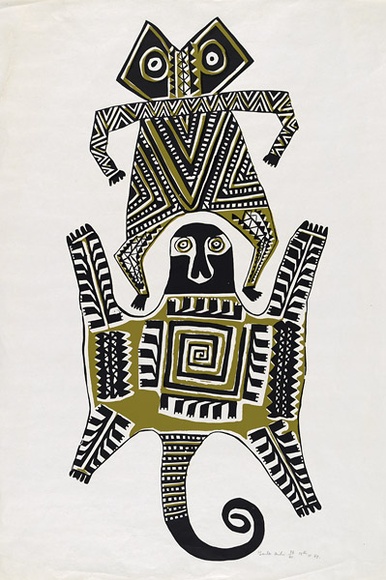 Artist: b'Aihi, Marie Taita.' | Title: b'not titled [two creatures].' | Date: 13 October 1969 | Technique: b'screenprint, printed in black and green ink, from two screens'