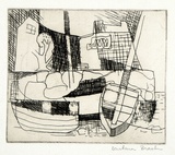 Artist: b'Brash, Barbara.' | Title: b'(Abstract with tree, buildings, boats).' | Date: 1950s | Technique: b'etching, printed in brown ink from one plate'