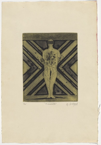 Artist: b'SELLBACH, Udo' | Title: b'To execute' | Date: 1965 | Technique: b'etching, aquatint printed in colour'