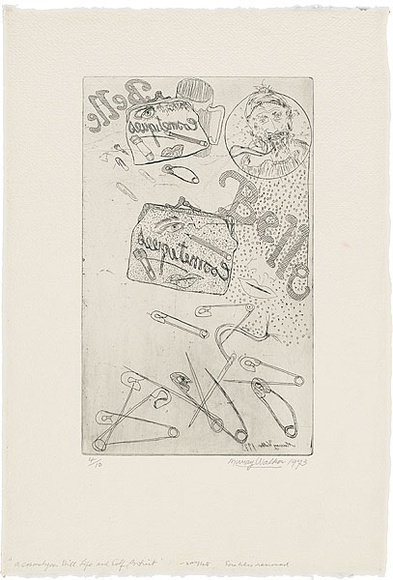 Artist: b'WALKER, Murray' | Title: b'A cosmetiques still life and self portraits.' | Date: 1973 | Technique: b'etching, printed in black ink, from one plate'